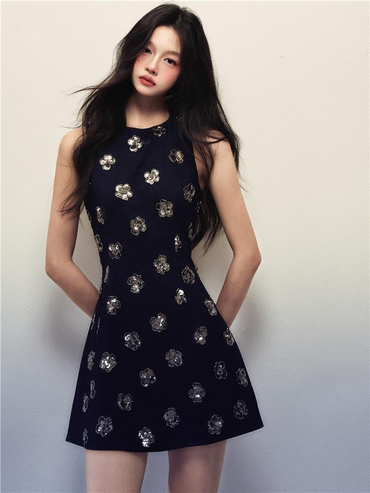 1P STUDIO Navy Sequin Floral Sleeveless A Line Slim Waist Women&