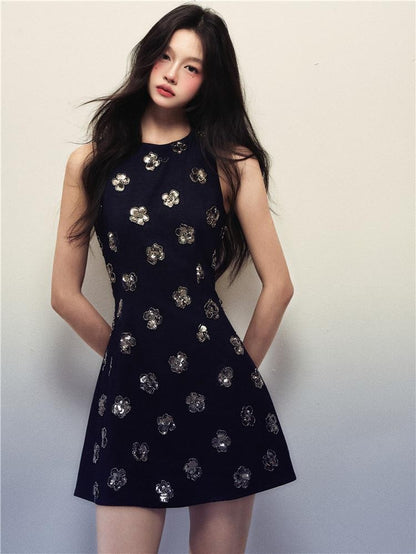 1P STUDIO Navy Sequin Floral Sleeveless A Line Slim Waist Women&