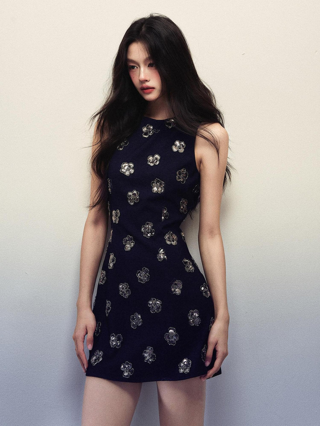 1P STUDIO Navy Sequin Floral Sleeveless A Line Slim Waist Women&