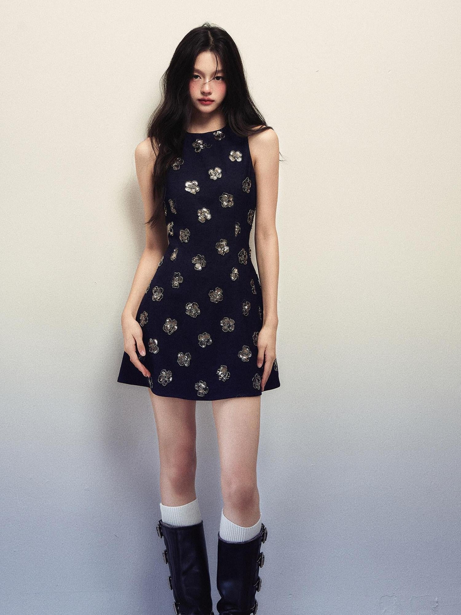 1P STUDIO Navy Sequin Floral Sleeveless A Line Slim Waist Women&