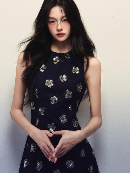 1P STUDIO Navy Sequin Floral Sleeveless A Line Slim Waist Women&