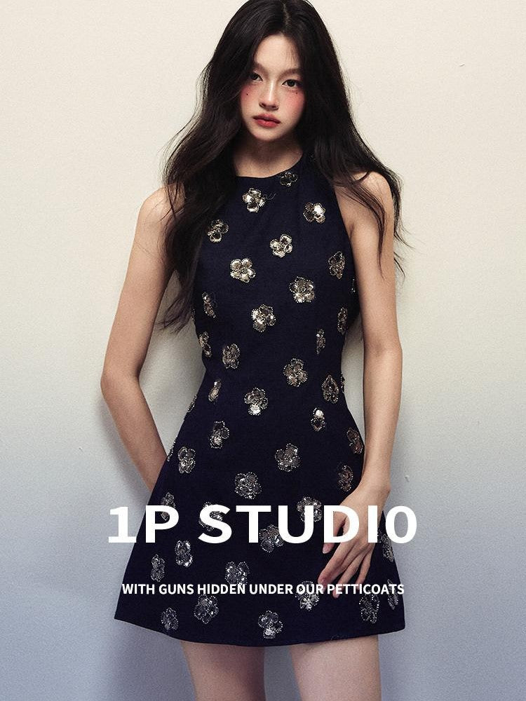 1P STUDIO Navy Sequin Floral Sleeveless A Line Slim Waist Women&