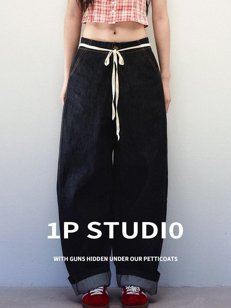 1P STUDIO Navy Structured High Waist Loose Tie Detail Women&