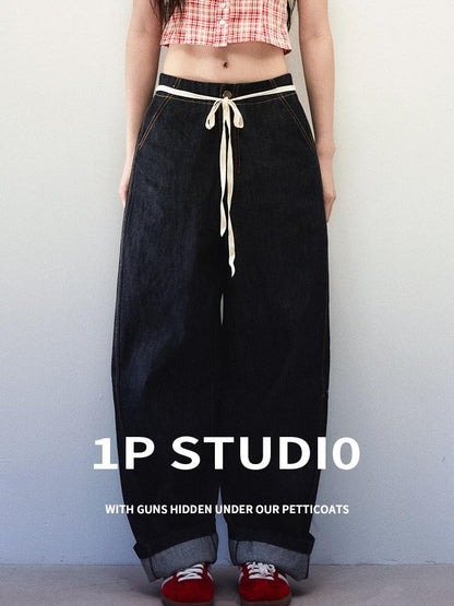 1P STUDIO Navy Structured High Waist Loose Tie Detail Women&
