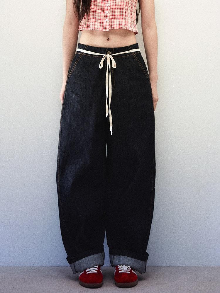 1P STUDIO Navy Structured High Waist Loose Tie Detail Women&