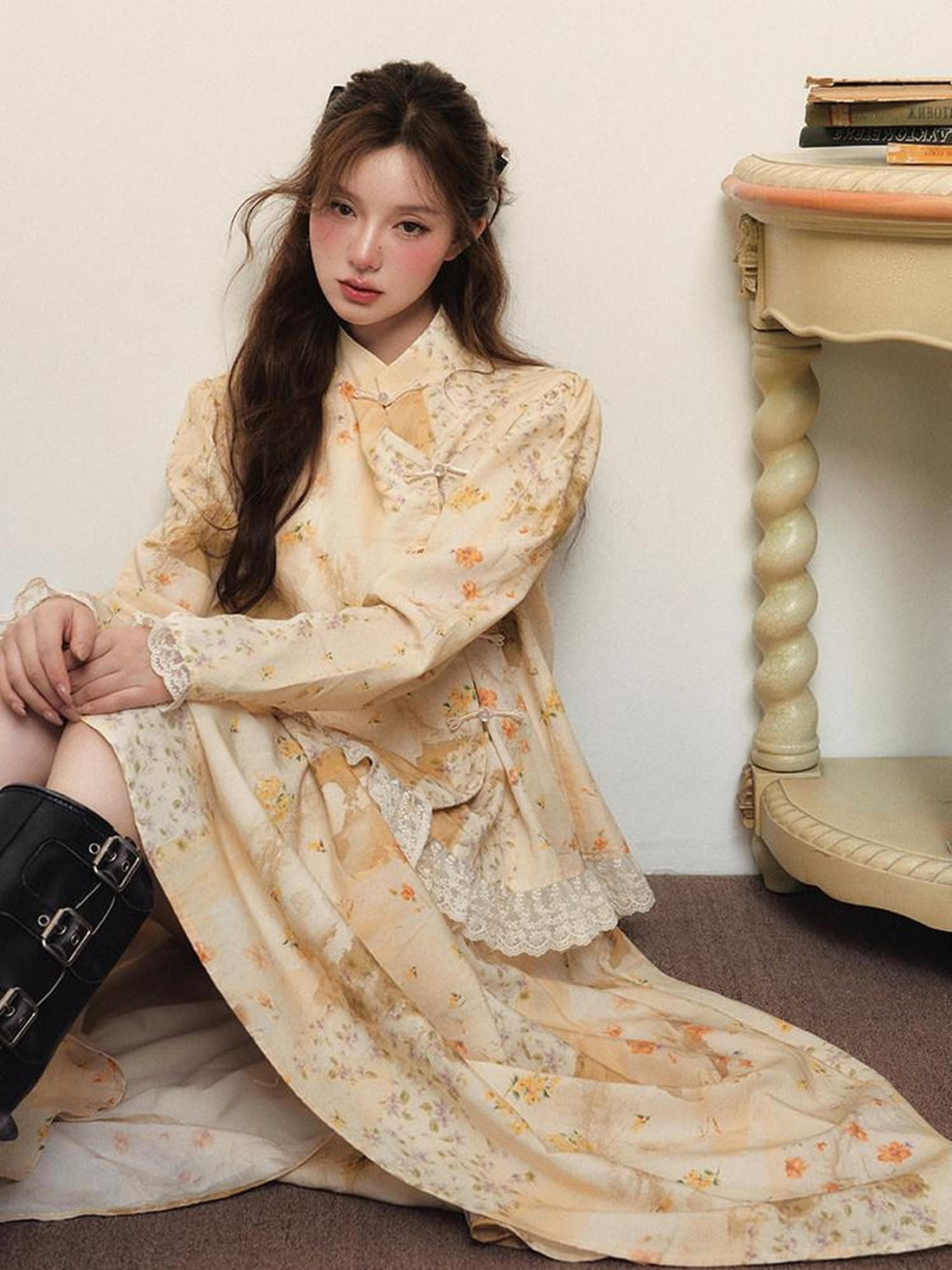 1P STUDIO New Chinese Floral Stand Collar Button Long Sleeve Women&