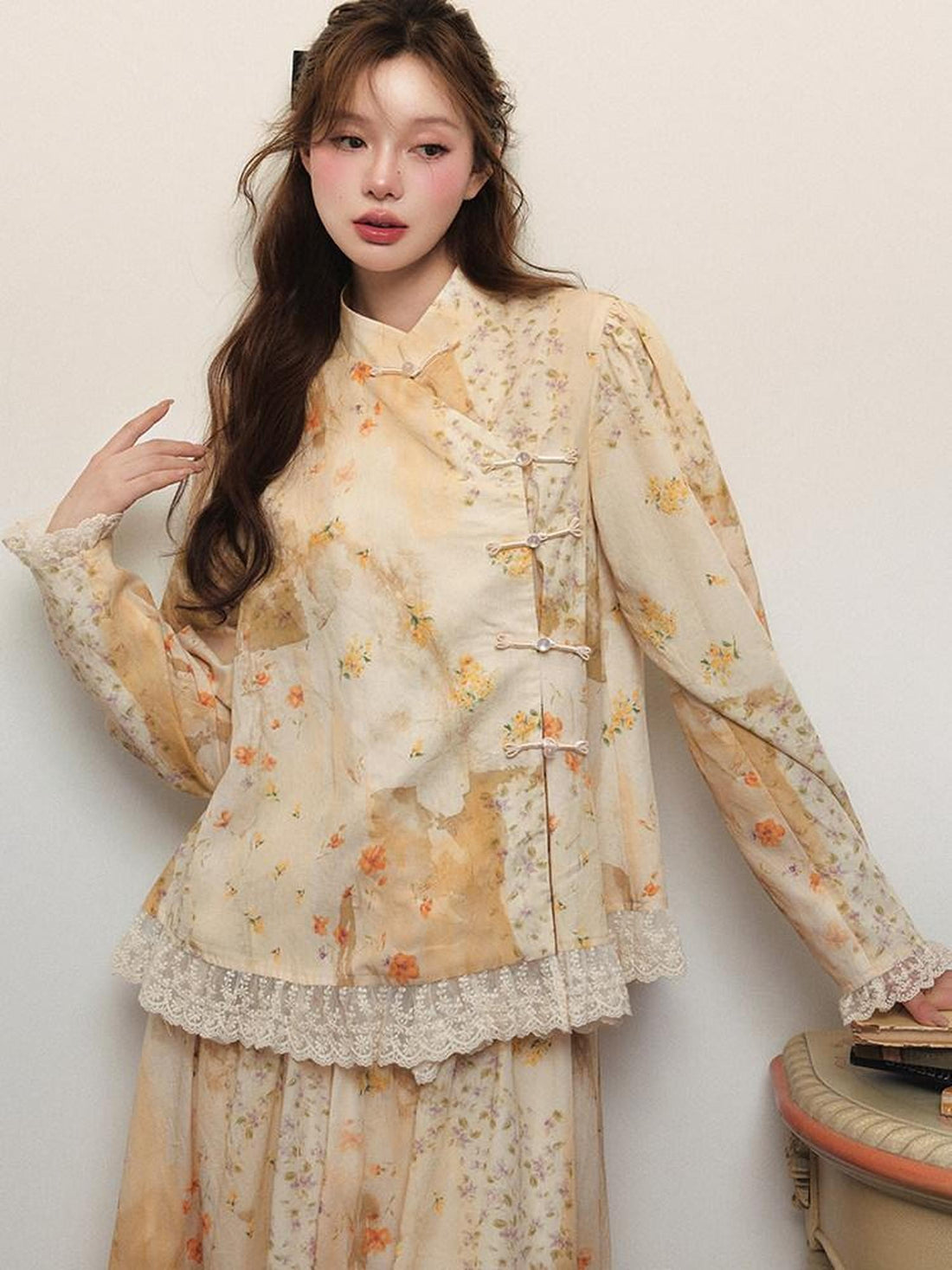 1P STUDIO New Chinese Floral Stand Collar Button Long Sleeve Women&