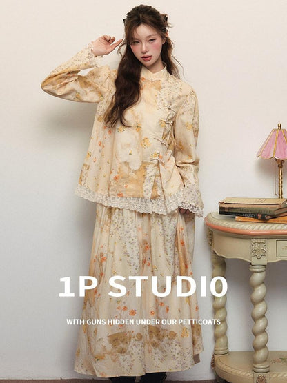 1P STUDIO New Chinese Floral Stand Collar Button Long Sleeve Women&