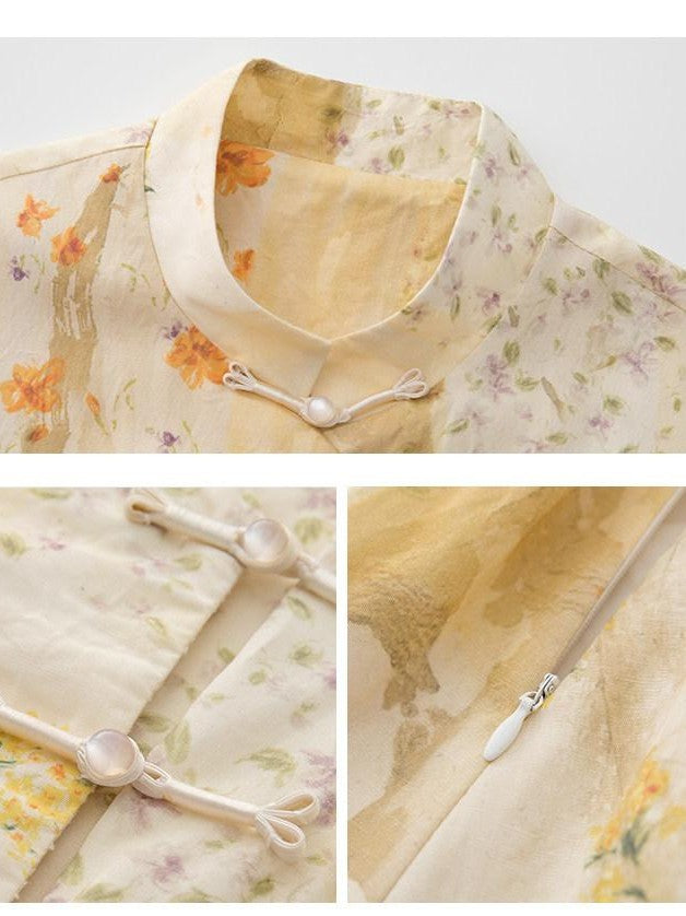 1P STUDIO New Chinese Floral Stand Collar Button Long Sleeve Women&