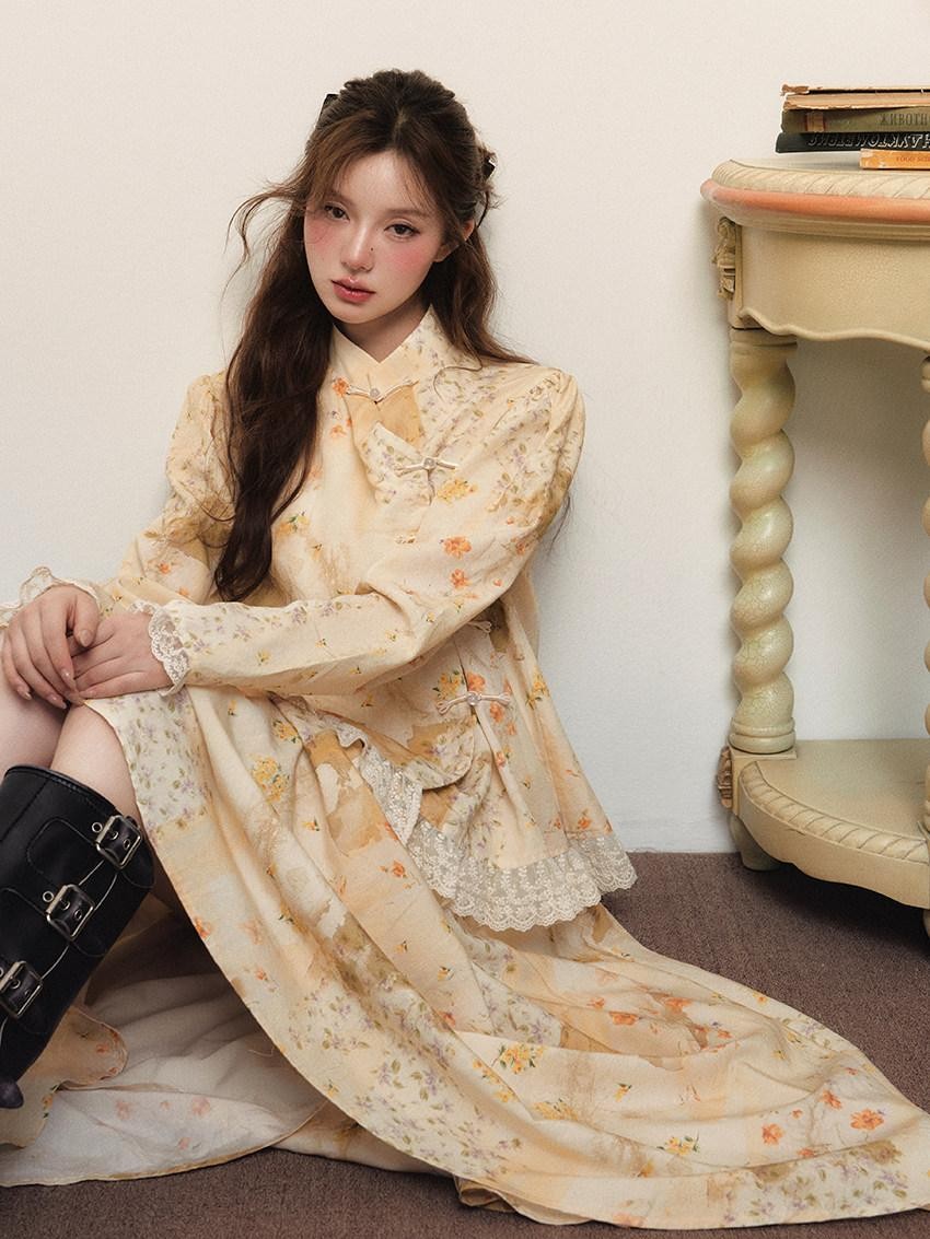 1P STUDIO New Chinese Floral Stand Collar Button Long Sleeve Women&