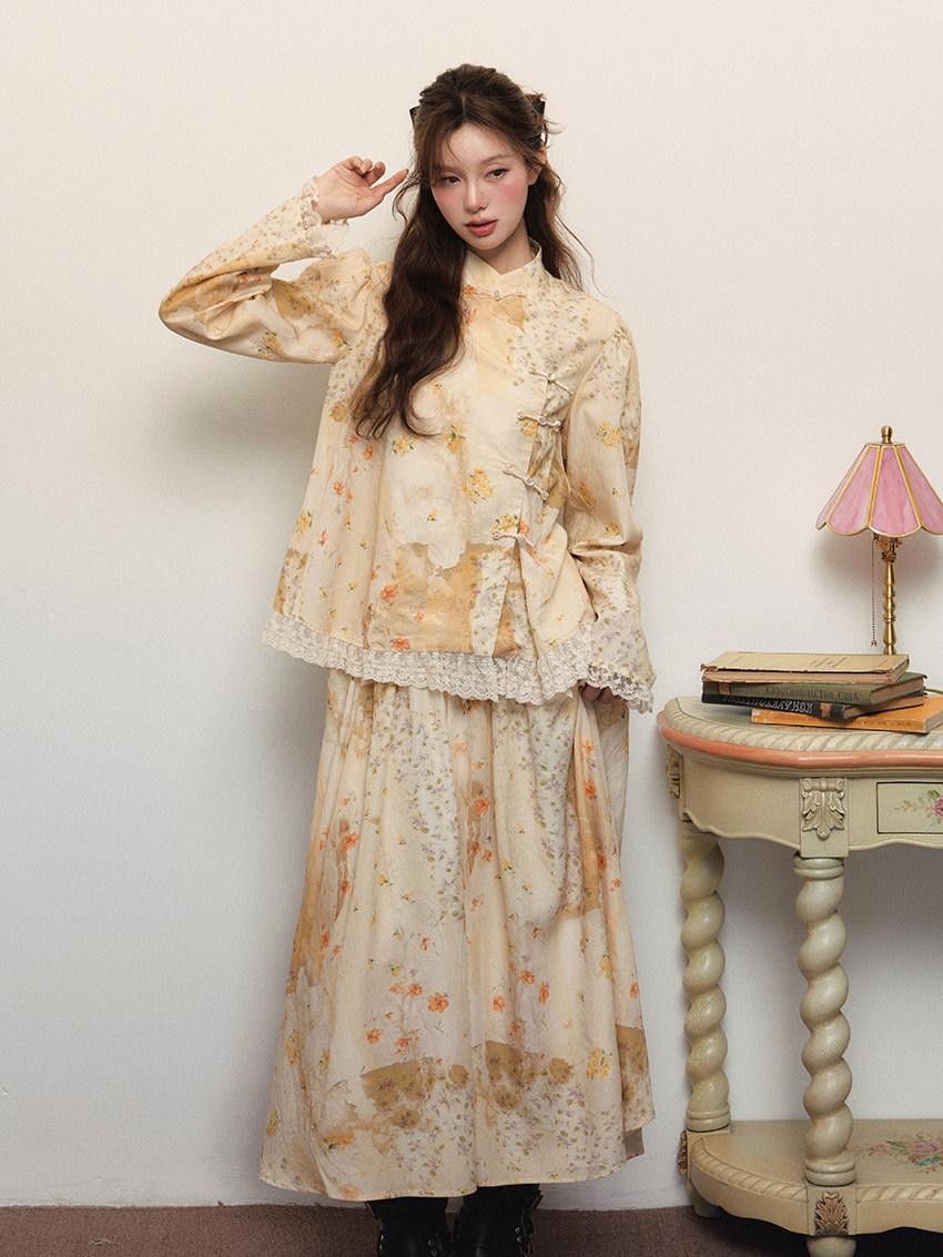 1P STUDIO New Chinese Floral Stand Collar Button Long Sleeve Women&