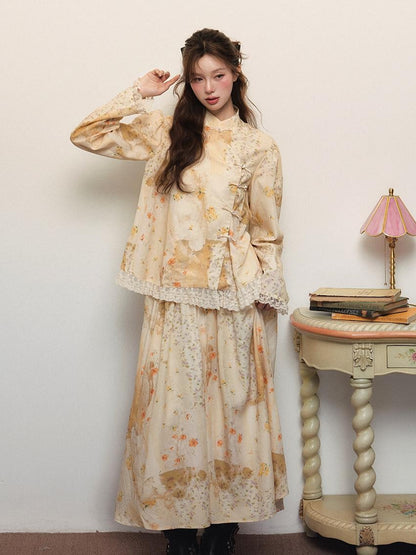 1P STUDIO New Chinese Floral Stand Collar Button Long Sleeve Women&