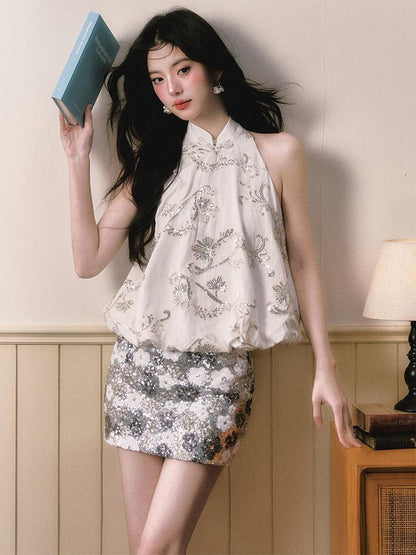 1P STUDIO New Chinese Sequin Floral Tulip Hem Women&