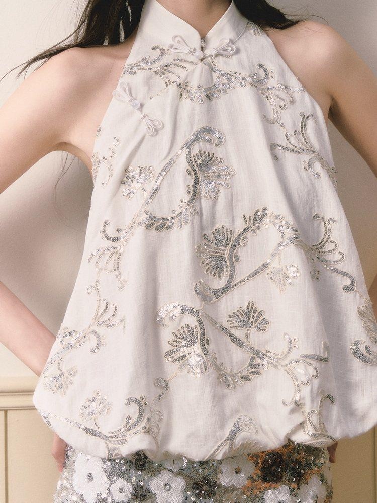 1P STUDIO New Chinese Sequin Floral Tulip Hem Women&