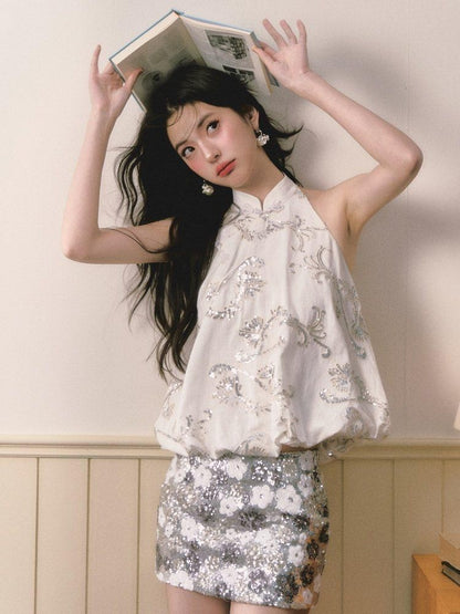 1P STUDIO New Chinese Sequin Floral Tulip Hem Women&
