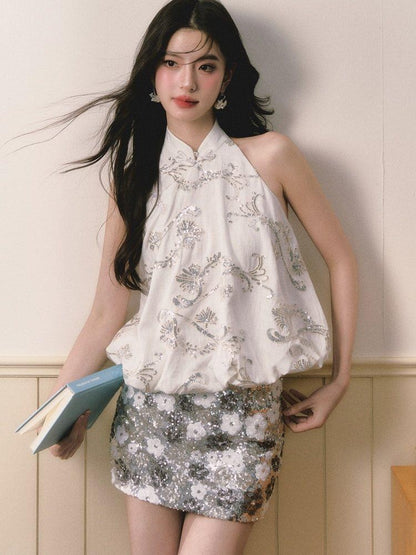 1P STUDIO New Chinese Sequin Floral Tulip Hem Women&