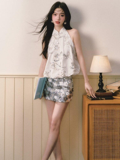 1P STUDIO New Chinese Sequin Floral Tulip Hem Women&