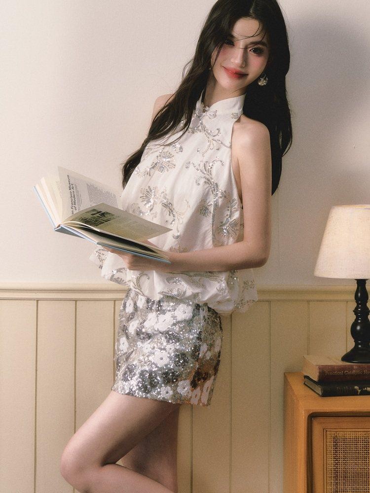 1P STUDIO New Chinese Sequin Floral Tulip Hem Women&