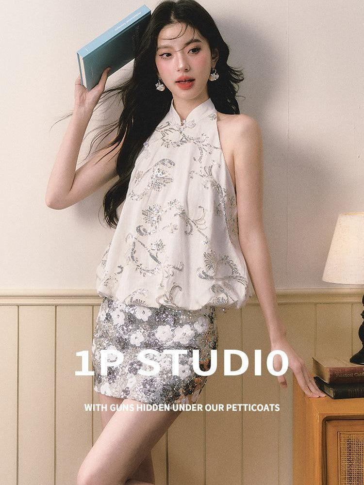 1P STUDIO New Chinese Sequin Floral Tulip Hem Women&