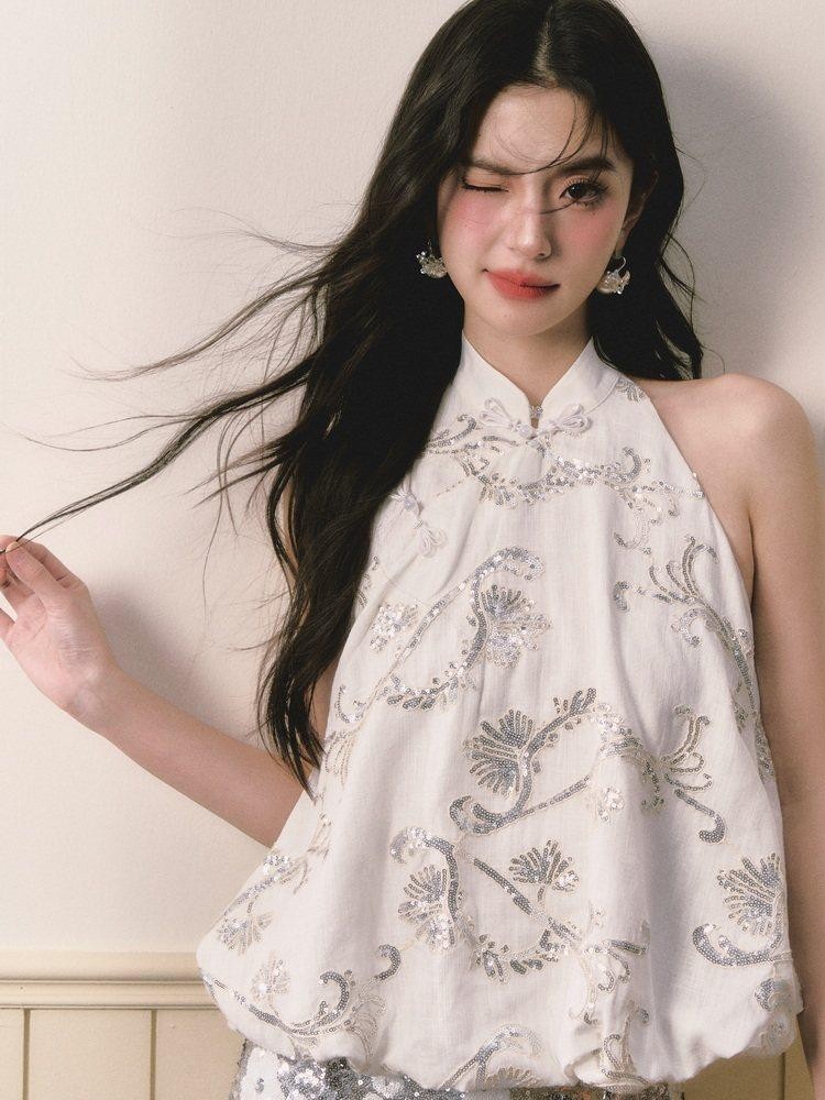 1P STUDIO New Chinese Sequin Floral Tulip Hem Women&