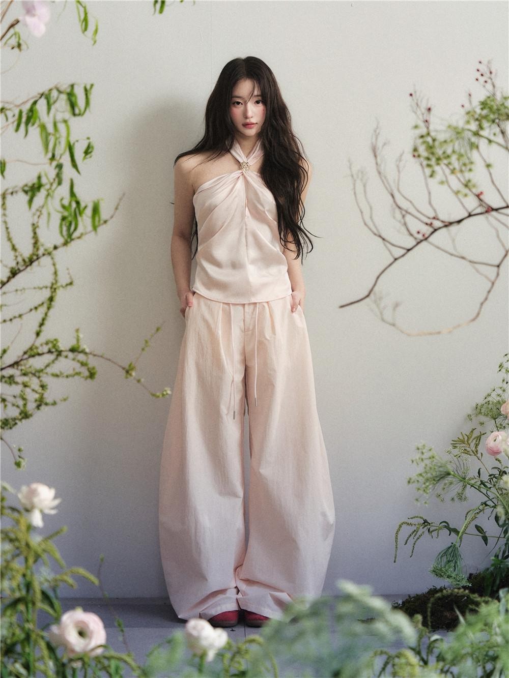1P STUDIO Nude Pink Knot Halter Satin Wide Leg Women&