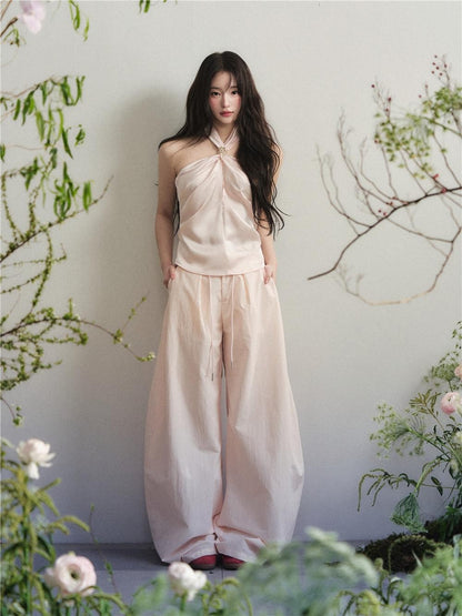 1P STUDIO Nude Pink Knot Halter Satin Wide Leg Women&