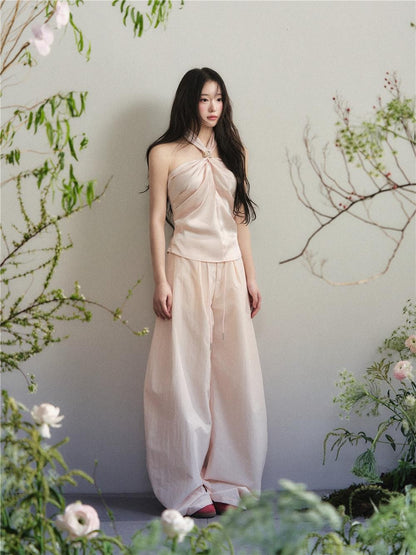 1P STUDIO Nude Pink Knot Halter Satin Wide Leg Women&