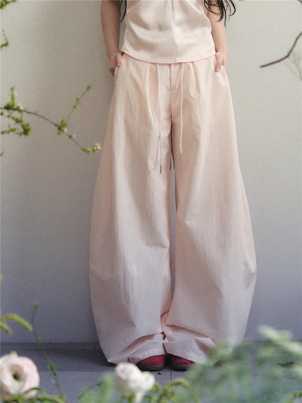 1P STUDIO Nude Pink Knot Halter Satin Wide Leg Women&