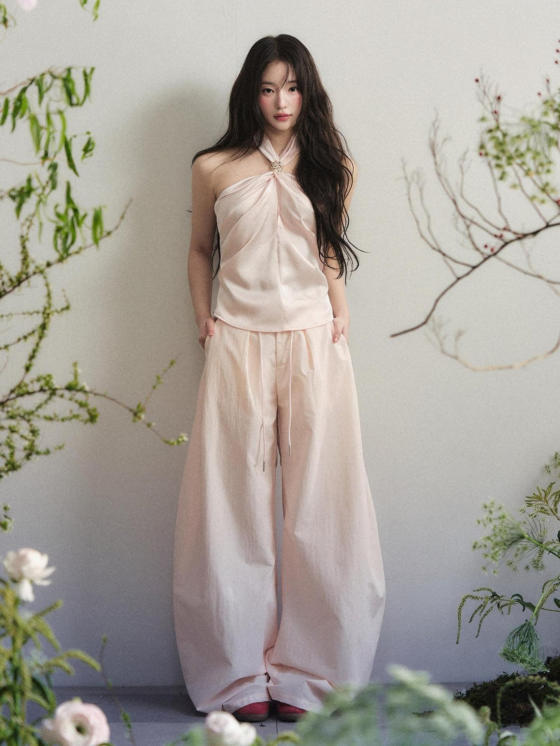 1P STUDIO Nude Pink Knot Halter Satin Wide Leg Women&