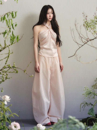 1P STUDIO Nude Pink Knot Halter Satin Wide Leg Women&