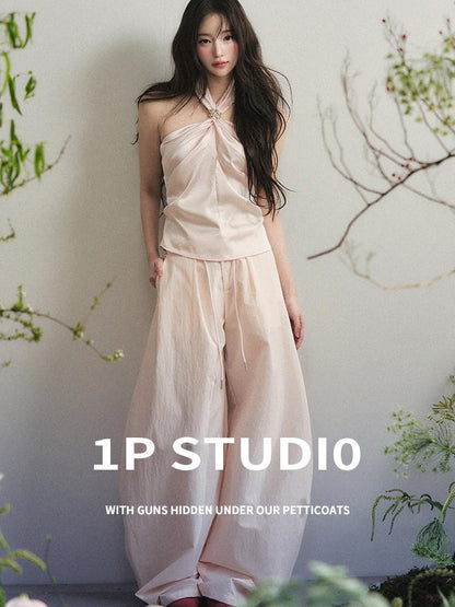 1P STUDIO Nude Pink Knot Halter Satin Wide Leg Women&