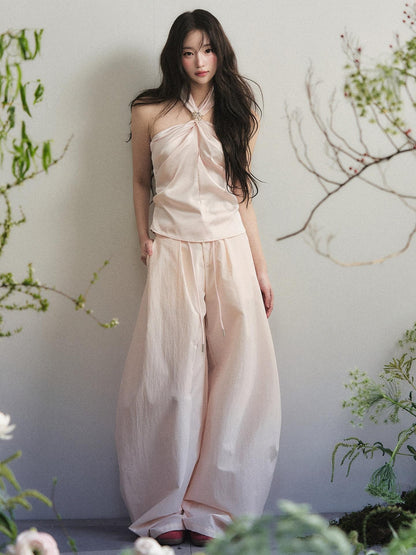 1P STUDIO Nude Pink Knot Halter Satin Wide Leg Women&