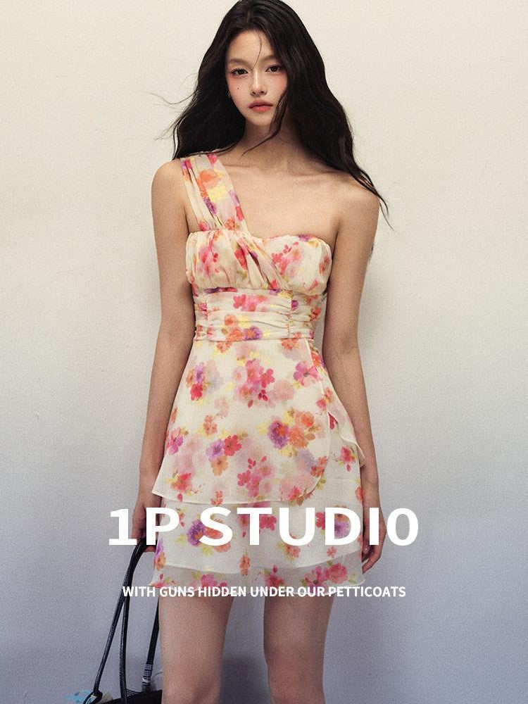 1P STUDIO Oil Painting Floral Cinched Waist Strapless Women&