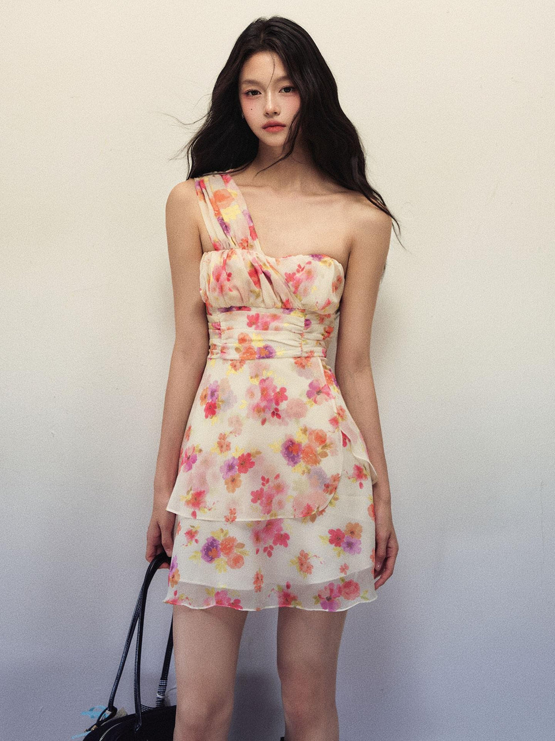 1P STUDIO Oil Painting Floral Cinched Waist Strapless Women&