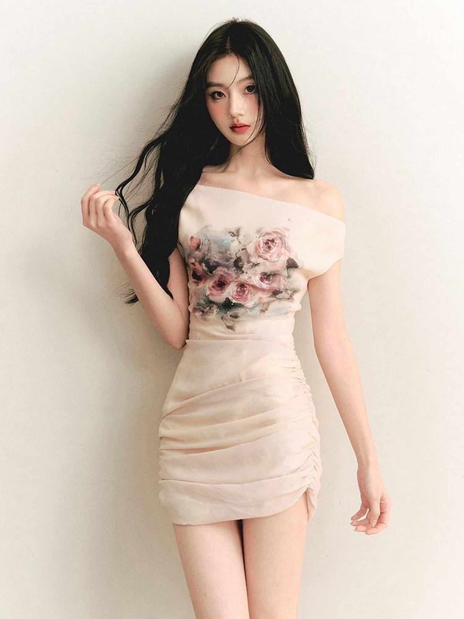 1P STUDIO Oil Painting Rose Print Off Shoulder Ruched Waist Women&