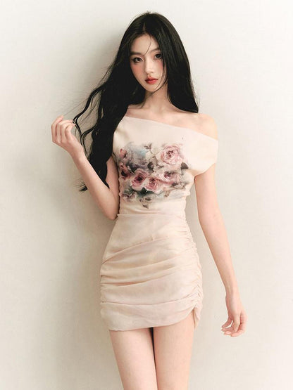 1P STUDIO Oil Painting Rose Print Off Shoulder Ruched Waist Women&
