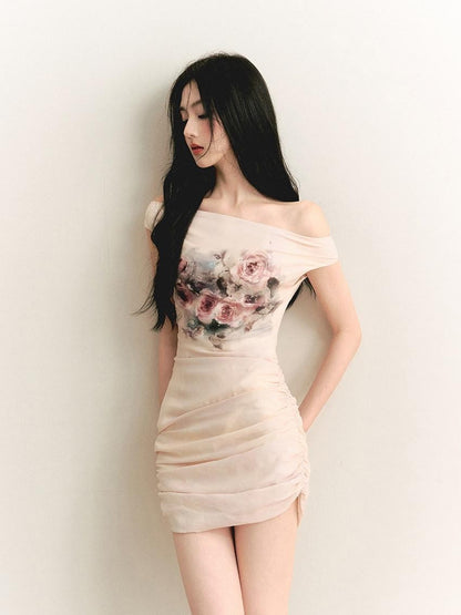 1P STUDIO Oil Painting Rose Print Off Shoulder Ruched Waist Women&