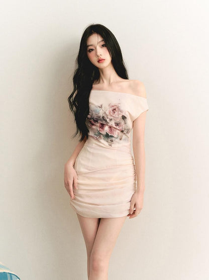 1P STUDIO Oil Painting Rose Print Off Shoulder Ruched Waist Women&