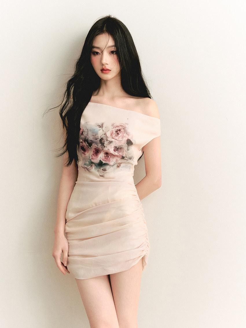 1P STUDIO Oil Painting Rose Print Off Shoulder Ruched Waist Women&