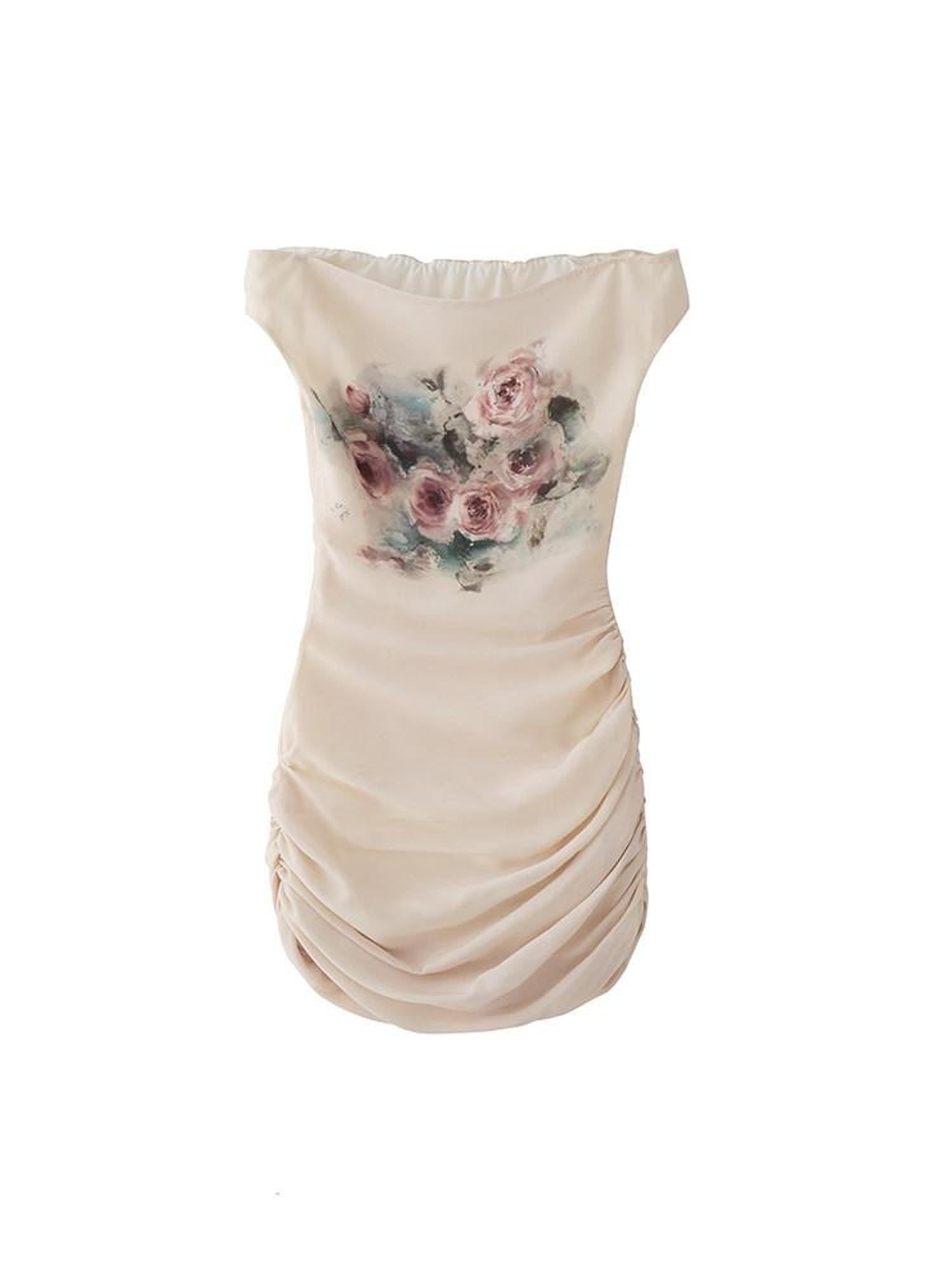 1P STUDIO Oil Painting Rose Print Off Shoulder Ruched Waist Women&