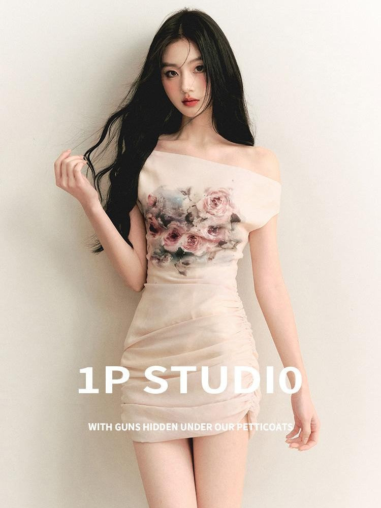1P STUDIO Oil Painting Rose Print Off Shoulder Ruched Waist Women&