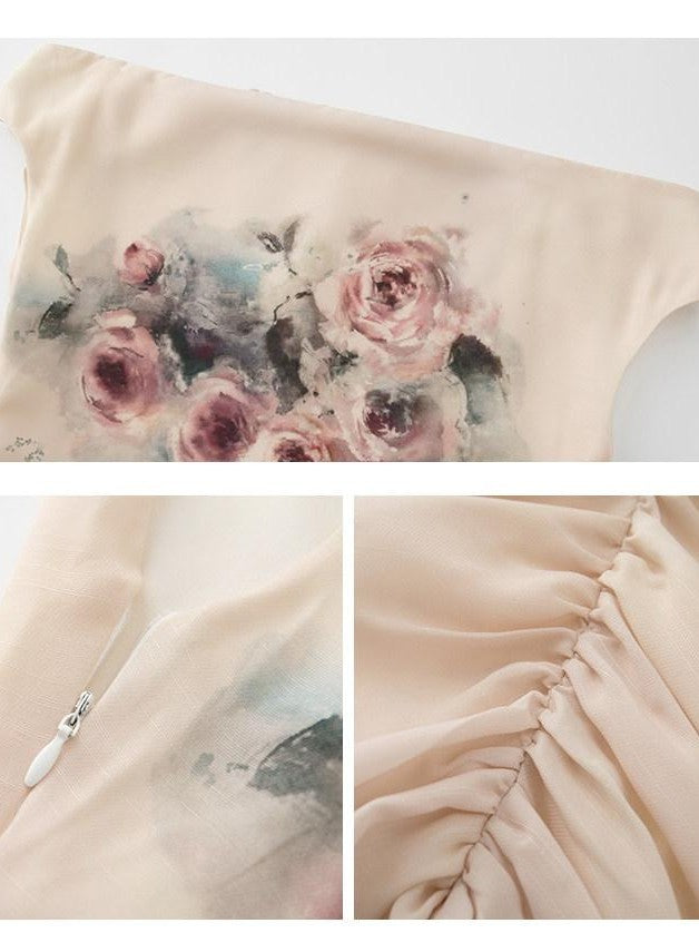 1P STUDIO Oil Painting Rose Print Off Shoulder Ruched Waist Women&