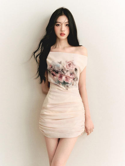 1P STUDIO Oil Painting Rose Print Off Shoulder Ruched Waist Women&
