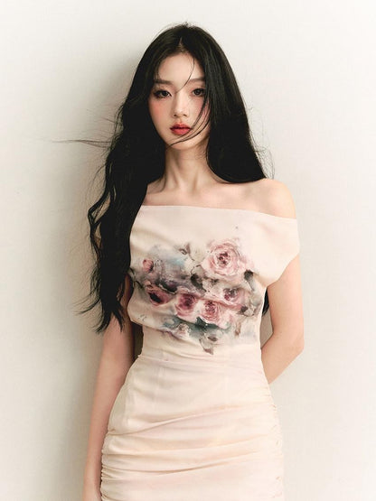 1P STUDIO Oil Painting Rose Print Off Shoulder Ruched Waist Women&