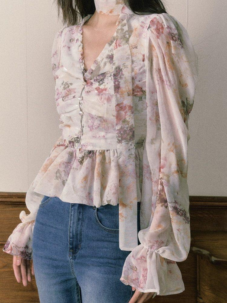 1P STUDIO Ombre Floral Bow Tie Cutout V-neck Lantern Sleeve Women&