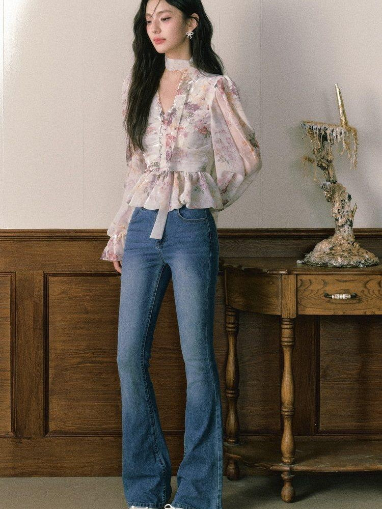 1P STUDIO Ombre Floral Bow Tie Cutout V-neck Lantern Sleeve Women&