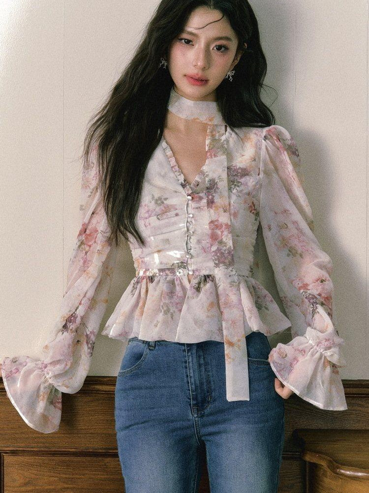 1P STUDIO Ombre Floral Bow Tie Cutout V-neck Lantern Sleeve Women&