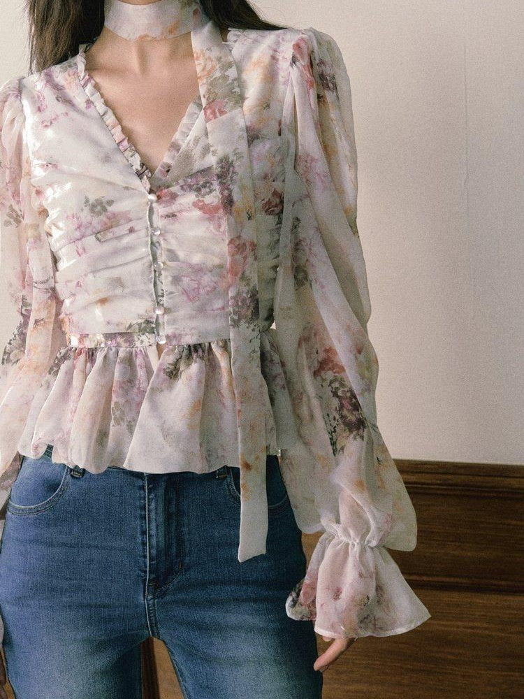 1P STUDIO Ombre Floral Bow Tie Cutout V-neck Lantern Sleeve Women&