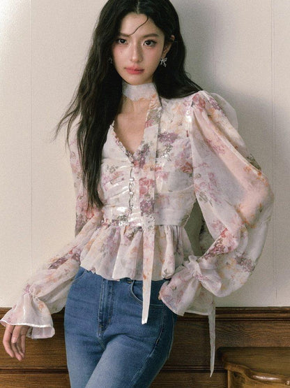 1P STUDIO Ombre Floral Bow Tie Cutout V-neck Lantern Sleeve Women&