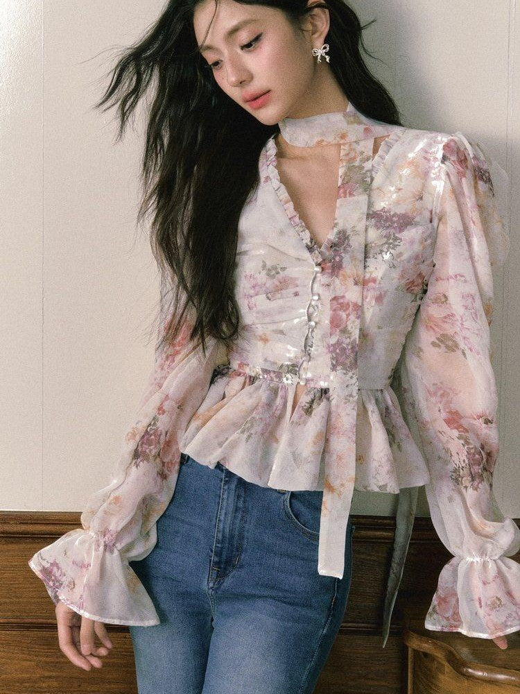 1P STUDIO Ombre Floral Bow Tie Cutout V-neck Lantern Sleeve Women&
